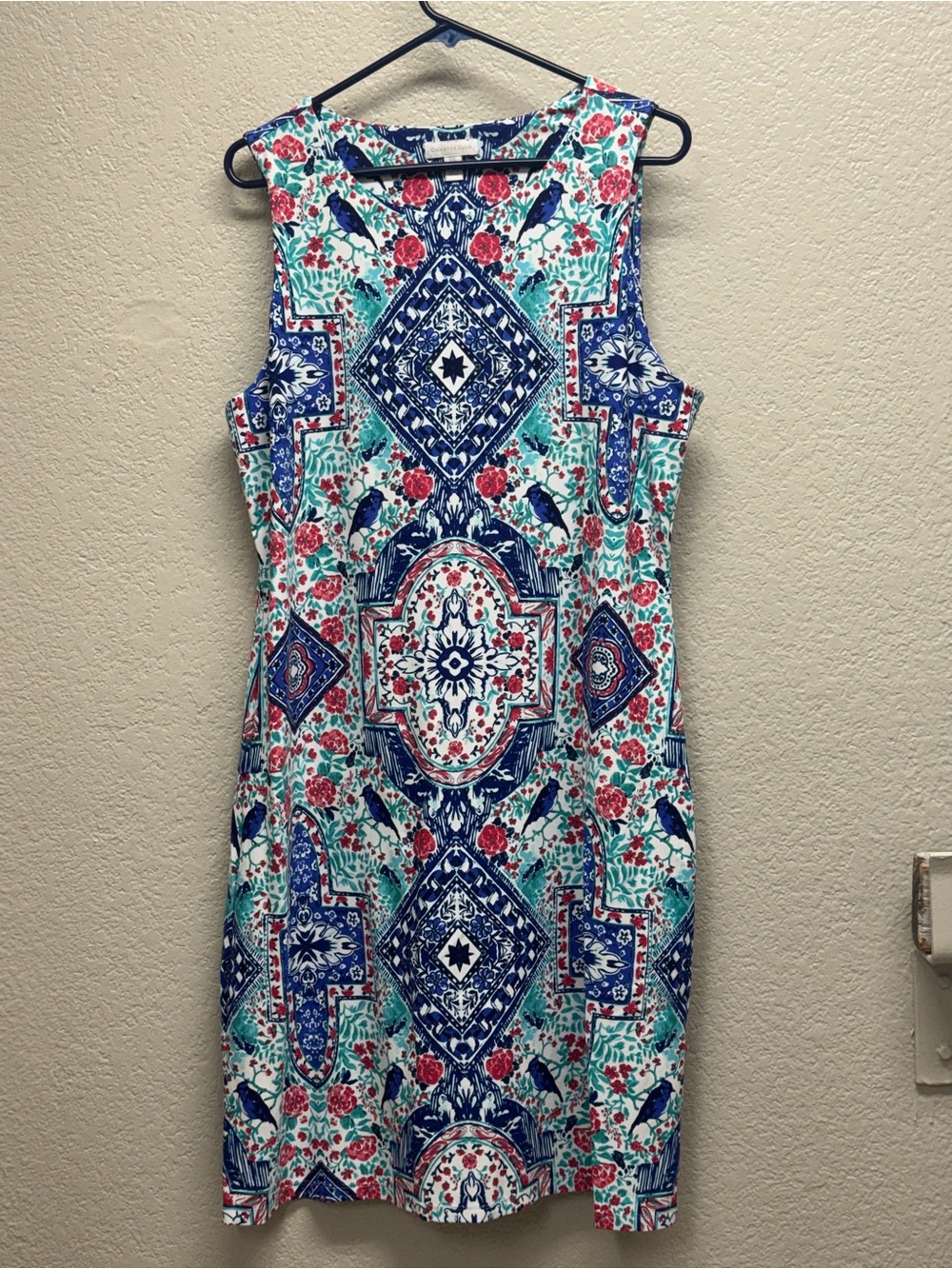 Charter Club Sleeveless Midi Dress in Blue, Teal & Pink Tile Print Pit 23 L 40”